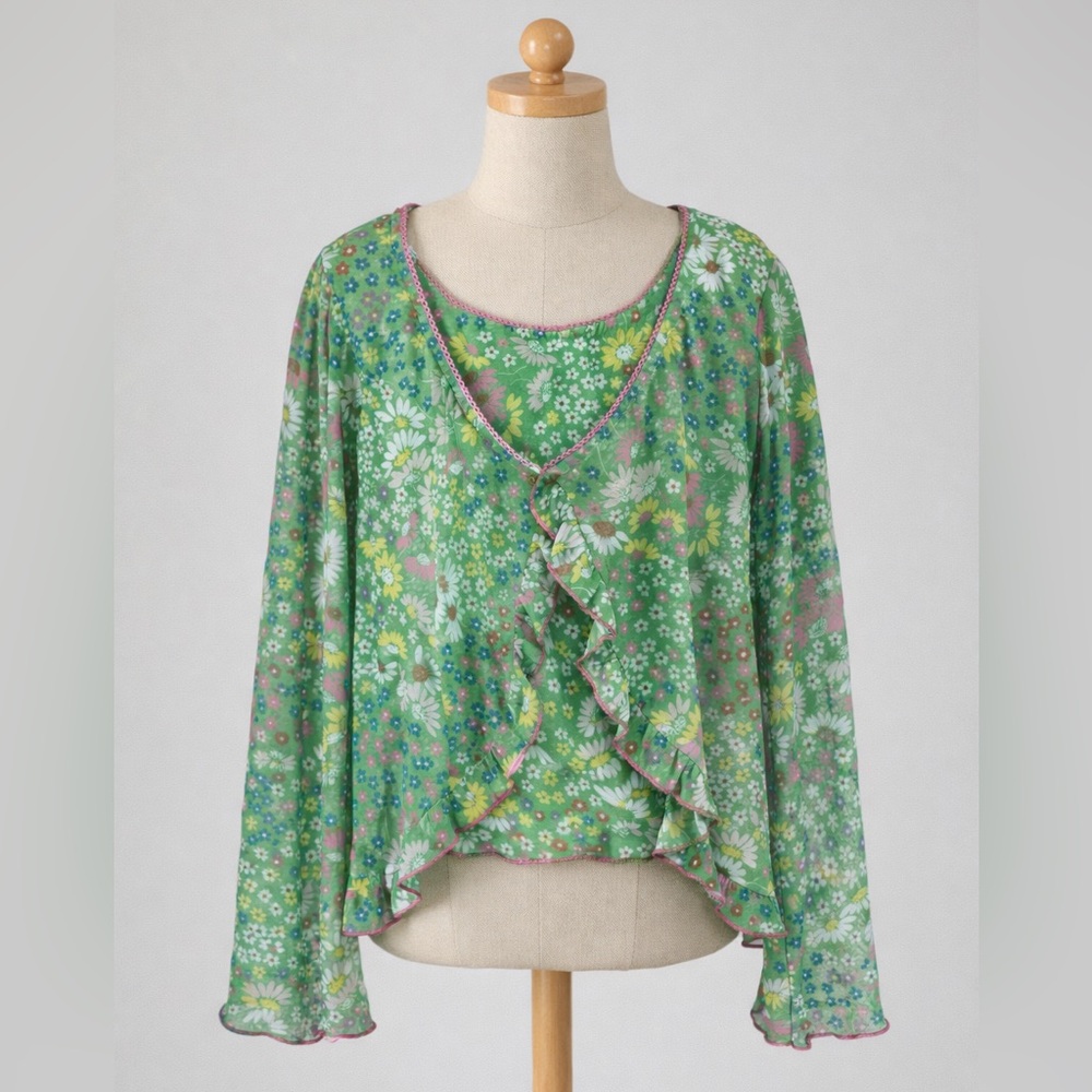 Girls Love Fire Nordstrom Ruffled Green Sheer Mesh Tank & Cardigan Set
